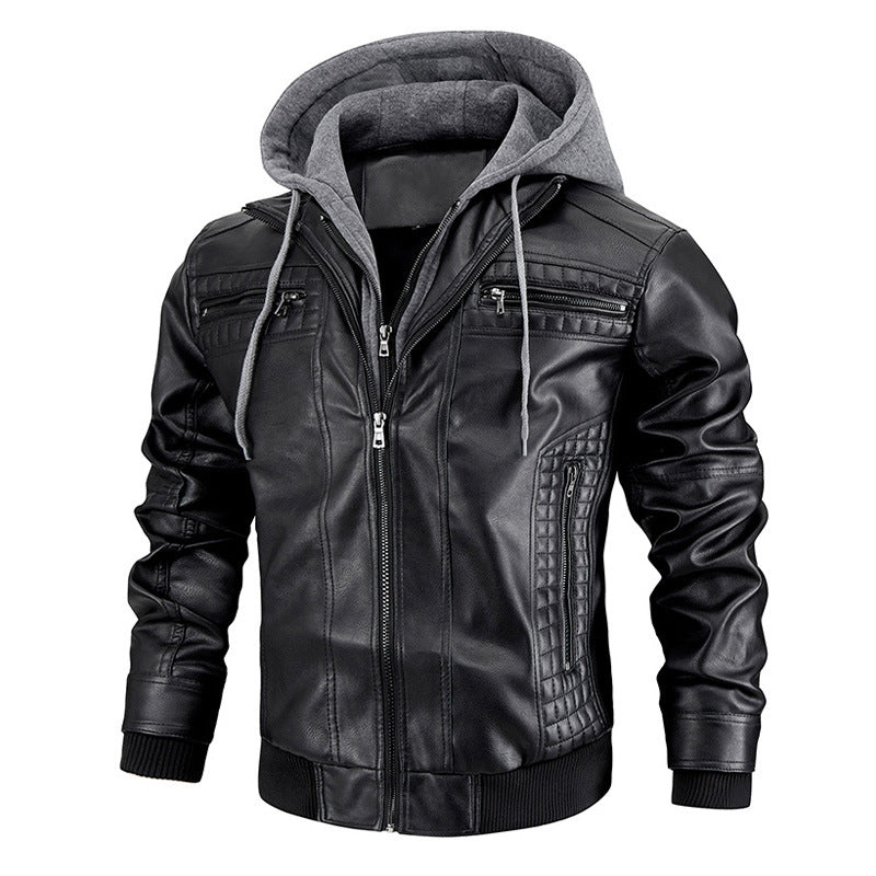 Hooded Jacket with Zipper Pockets Fashion Warm Pu Leather Coat Mens Clothing