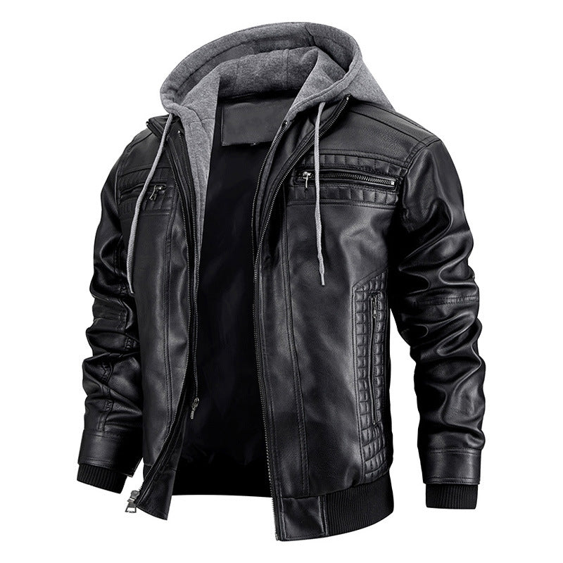 Hooded Jacket with Zipper Pockets Fashion Warm Pu Leather Coat Mens Clothing