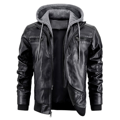 Hooded Jacket with Zipper Pockets Fashion Warm Pu Leather Coat Mens Clothing