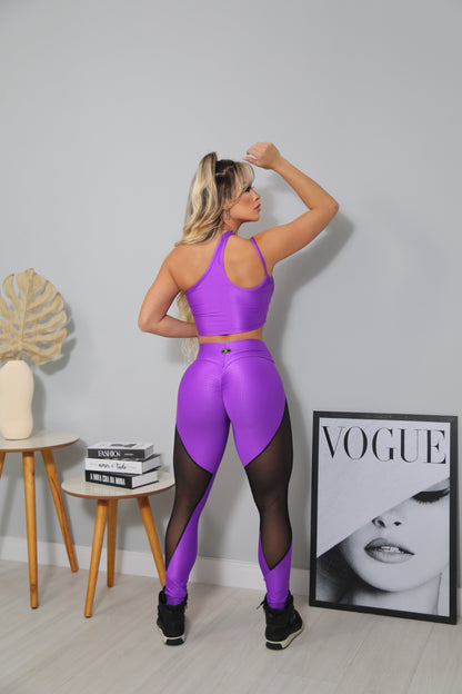 PURPLE AND BLACK MASH DETAIL LEGGINGS