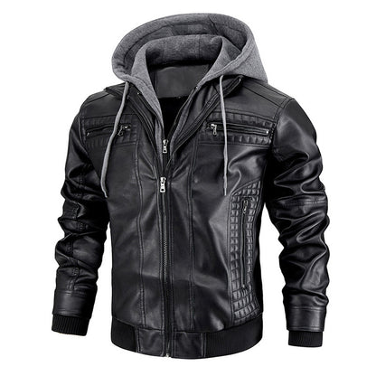 Hooded Jacket with Zipper Pockets Fashion Warm Pu Leather Coat Mens Clothing