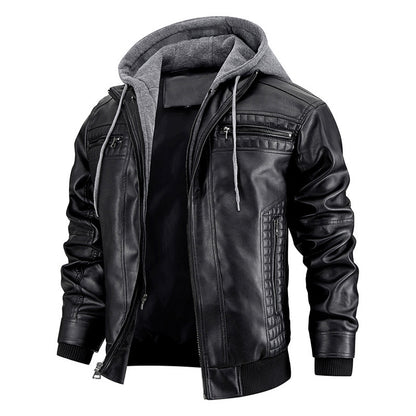 Hooded Jacket with Zipper Pockets Fashion Warm Pu Leather Coat Mens Clothing
